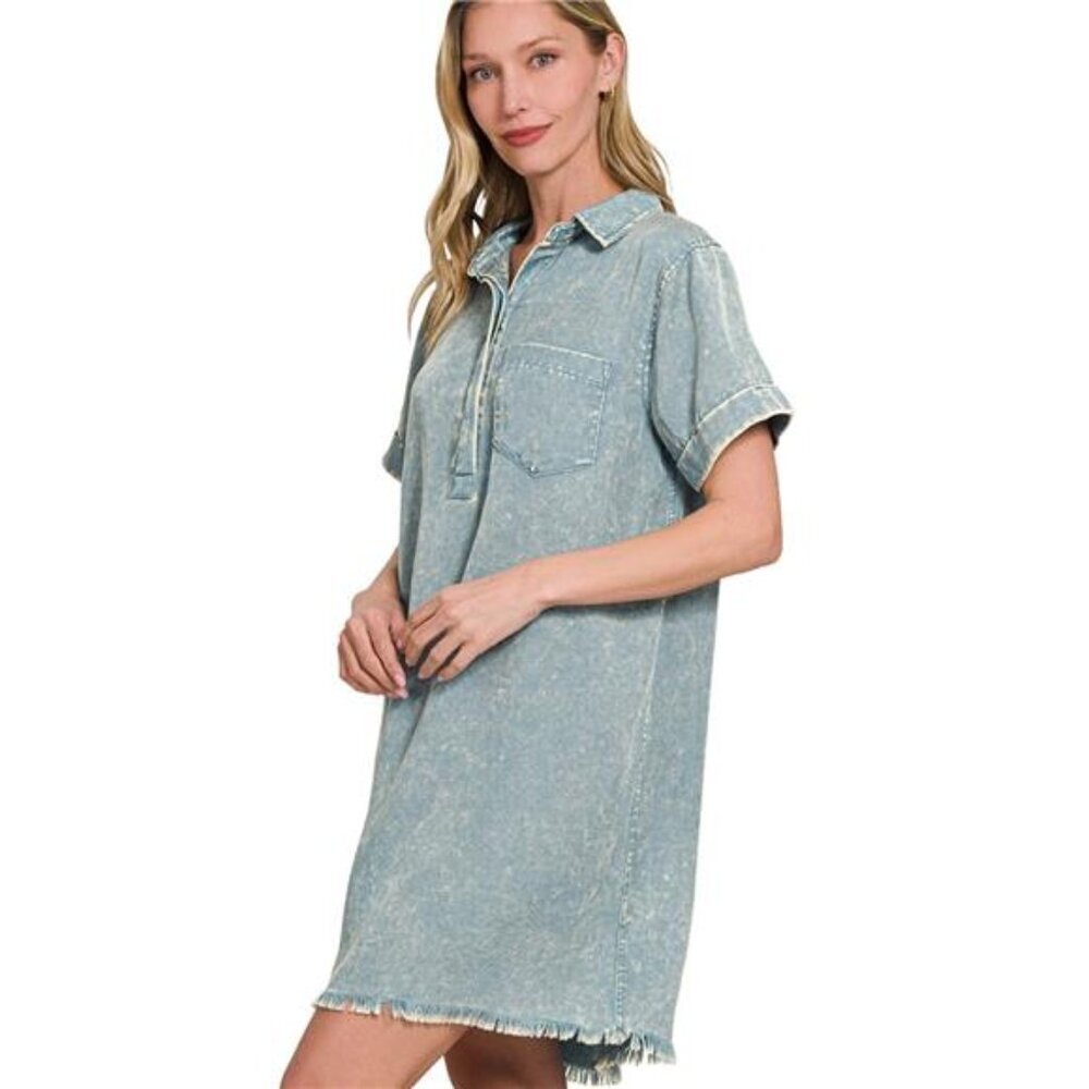 Zenana Tencel Mineral Washed Collared Shirts Dress - Picture 2 of 5